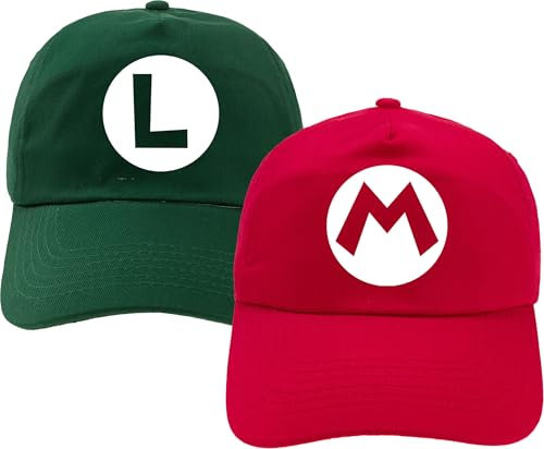 4sold Set mit 2 Rot Mario Mützen Kappen Mario und Grün Luigi rot und grün Videospiel Snapback Baseballkappe (DE/NL/SE/PL, Alphanumerisch, Einheitsgröße, SET 2psc)