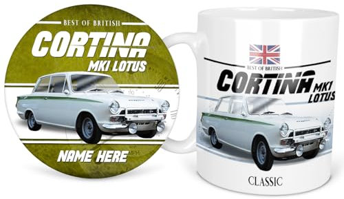 KRAFTYGIFTS Personalised Ford Cortina MK1 Lotus Mug & Coaster Round Classic Car Coffee Tea Cup & Drink Mat Retro Garage Dad Grandad Mechanic Birthday Gift for Him CLC09