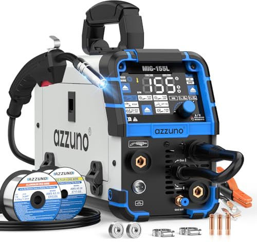 AZZUNO Soldador MIG de aluminio de 155 A, soldador de alimentación de alambre 5 en 1 de 110 V/220 V | Máquina de soldadura MIG 5 en 1 con núcleo de flujo MIG/Gas MIG/Aluminio MIG/Stick/Lift TIG Soldadura