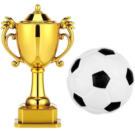 2 PCS Football Cake Decorations, Plastic Soccer Ball,Gold Trophy Cake Topper, for Boys Kids Birthday Party,World Cup Themed Cake Supplies,Mini House Accessories(Football 5.7cm, Trophy 8x4.8cm)