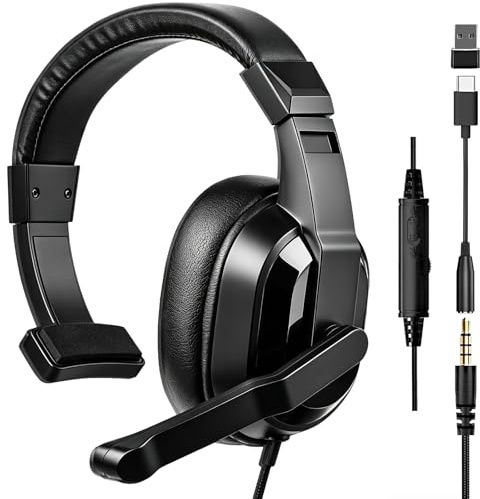 Megadream Cuffie da gioco a un orecchio per PS5/PS4/Xbox/Switch, cuffie leggere con microfono (jack mono da 3,5 mm) per PC/Mac/iPad/tablet, inclusi adattatori USB-C e USB-A, per giochi e chiamate