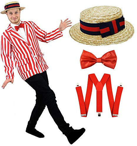 Adults 1920's Barbershop Fancy Dress - Red & White Striped Blazer + Straw Boater Hat + Red Bowtie + Red Braces - Edwardian Barbershop Costume for World Book Day/book Week 1920's Show (Large)