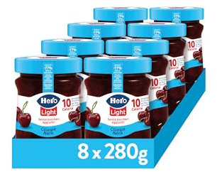 Hero Light Confettura di Ciliegie Nere Light, 8 Vasetti da 280 gr, Marmellata e Confettura extra, frutta di Alta Qualità, senza conservanti e senza coloranti, pochissime calorie per porzione