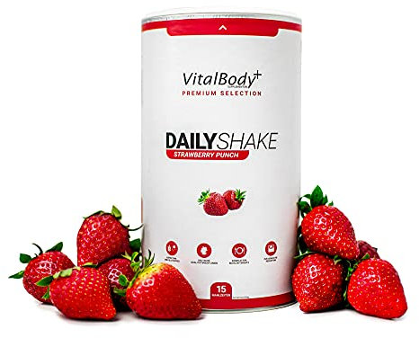 VitalBody+ DailyShake, Strawberry Punch, 450 g, Mahlzeitenersatz-Shake zum Abnehmen, 15 Mahlzeiten, nur 250 kcal pro Shake, vollwertig & kalorienarm ersetzen