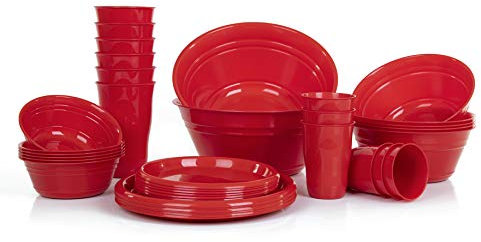 Mintra Set de vaisselle complet 38 Pièces Plastique Incassable Réutilisable Snacks Salades Desserts Boissons Assiettes Gobelets Bols Fête Anniversaire Micro-Ondes/Lave-Vaisselle - Rouge