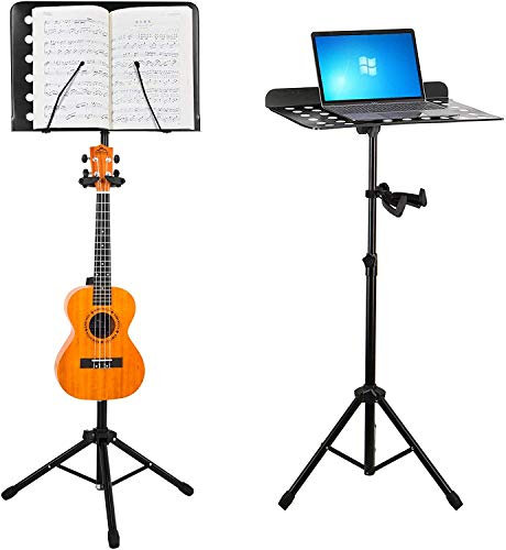 EastRock Music Stand Foldable Book Stand, Sheet Music Stands with Ukulele Hanger Height and Angle Adjustable in Metal, Black