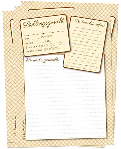 Luminick 50 Rezeptkarten, klassisches Design, zum Selberschreiben DIN A5, für eigenes Rezeptbuch & Rezeptordner zum Eintragen & Sammeln, für eigene Rezepte DIY, 170gr Papier, matt, fertig gelocht