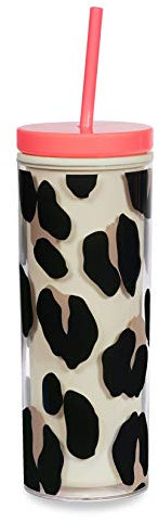 Kate Spade New York Insulated Tumbler with Reusable Silicone Straw, Leopard Print 20 Ounce Acrylic Travel Cup with Lid, Forest Feline