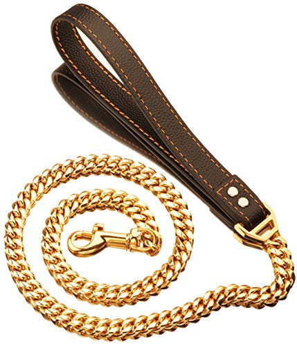 DHGTEP Hundeleine Seil Schwere Edelstahl O-Leine Outdoor-Training Kette Braun Schwarz PU Leder Griff Leine für Mittlere und Große Hunde (Color : Gold 14mm, Size : 60cm)