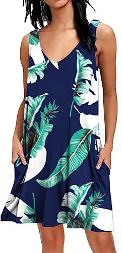 AUSELILY Vestito Estivo Casual Abiti da Spiaggia da Donna con Scollo a V Abiti a Canottiera Stampa Blu 2XL