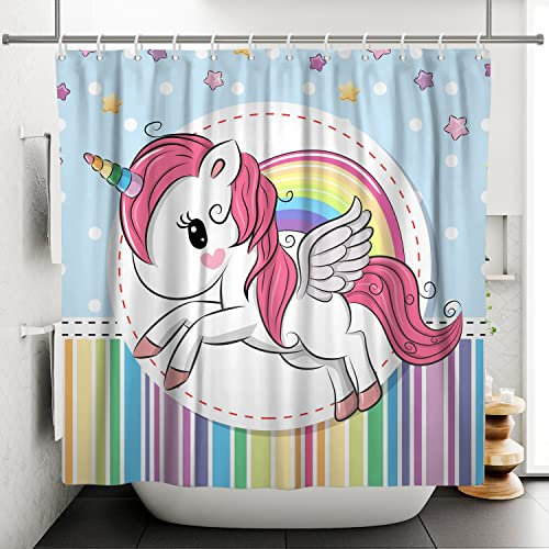 SDOTPMT 105x160cm Süß Karikatur Einhorn Duschvorhang Regenbogen Fantasie Baby Tier Badevorhang Stern Bunt Streifen Badewanne Vorhang Wasserdicht für Badezimmer Badevorhang mit Haken