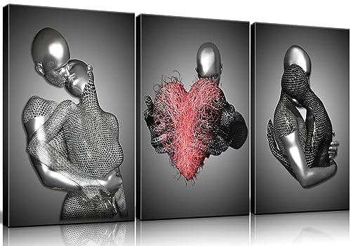 Framed 3 Pcs Love Heart 3d Wall Art Metal Sculpture Romantic Couple Hug Abstract Art Prints Posters Decor Grey Black and White Canvas Printsfor Bedroom Living Room Bathroom Hotel Valentine'S Day