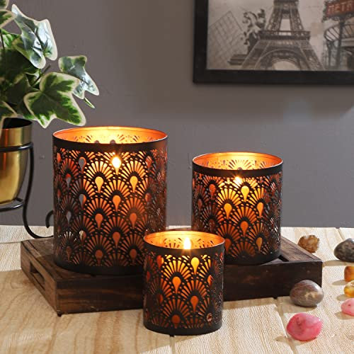 Marrakesch 3er Set Orientalisches Windlicht Laterne Zalia schwarz 14cm Groß | Orientalische Vintage Teelichthalter Kupferfarben schwarz außen | Marokkanische Windlichter aus Metall als Dekoration