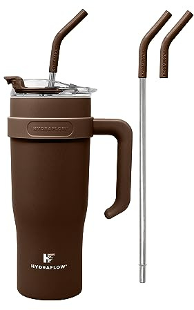 HYDRAFLOW Capri 40oz Triple Wall Vacuum Insulated Tumbler with Straw and Handle - Stainless Steel Reusable Tumbler - Cocoa