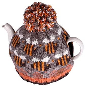 Pachamama Handknitted Medium 4-6 Cup 1.2L Wool Tea Cosy Teapot Cover - Bumble Bee Beehive Pattern Insulated Handmade Fair Trade Grey