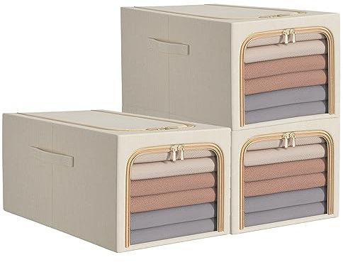 55L Clothes Storage Bag, Collapsible Storage Box, Stackable Metal FrameThick Oxford cloth Protect from Moisture Dust Handle Double Opening Zipper for Clothing Toys Sheets Blankets (Set of 3)