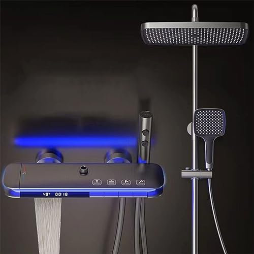 BEITH Sistema de Ducha Termostático, Teclas del Piano Columna de Ducha con Pantalla Digital, Luz ambiental 360° LED, 31x20cm Cuadrado Alcachofa de la Ducha, con Grifería para Bañera, Pistola Rociadora