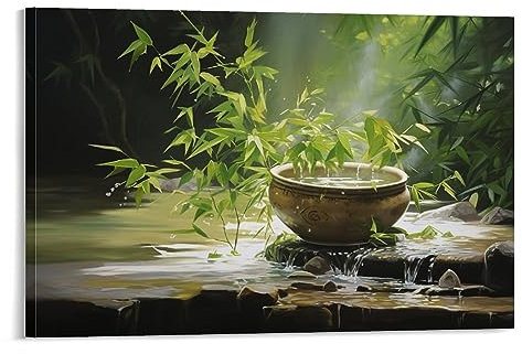 Poster mural en bambou vert ruisseau naturel forêt de bambou nature morte décoration murale affiche décoration dortoir peinture art