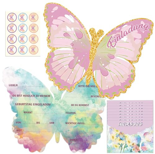 12 Stück Einladungskarten, Kindergeburtstag Mädchen Schmetterling Party Einladung, Einladungskarten Kindergeburtstag, Mädchen Schmetterling Party Einladung, Schmetterling Einladungskarten (Deutsch)