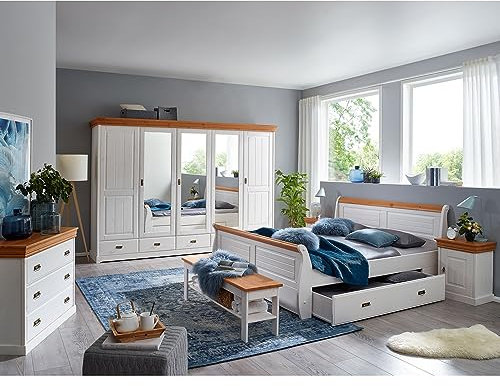 Schlafzimmer komplett Set Bett Bettschubkasten Nachtkonsole Kleiderschrank Bettbank Kommode SAVONA-69 in Kiefer massiv weiß mit Honig
