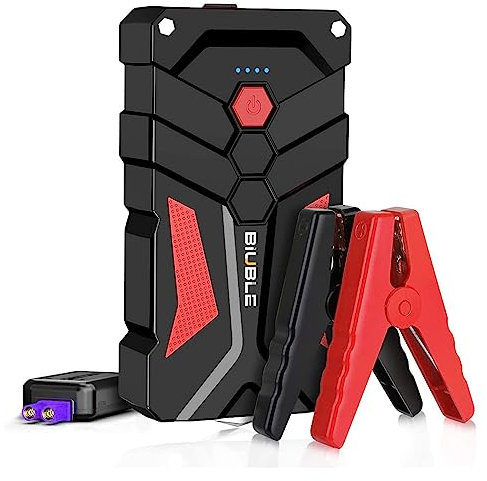 BIUBLE Booster Batterie Voiture 4000A, 12800mAh Démarreur de Voiture(Jusqu'à 7.0L Essence ou 5.5L Gazole), 12V Jump Starter avec Pinces de Sûreté Intelligentes, Lampe à LED, Marteau de Sécurité