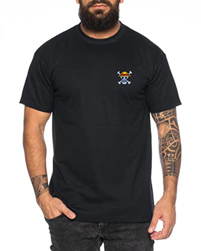 Ruffy T-Shirt Brodé Homme - Broderie Chemise Straw Hat One Pirate Piece Anime Luffy Zoro, Tasse:Noir, Taille:4XL