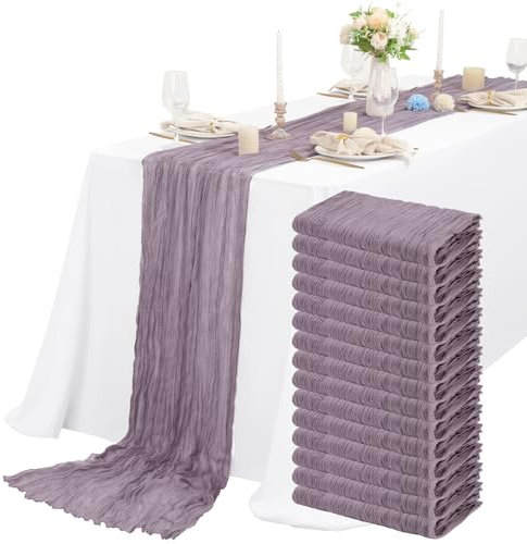 Käsetuch Tischläufer 15 Stück Helles Lila Seihtuch Tischläufer Lavendel Transluzent Tüll Tischdecke 55x300cm, Rustikaler Gaze-Stoff Boho-Tischläufer für Hochzeitsfeier Brautparty Tischdekoration