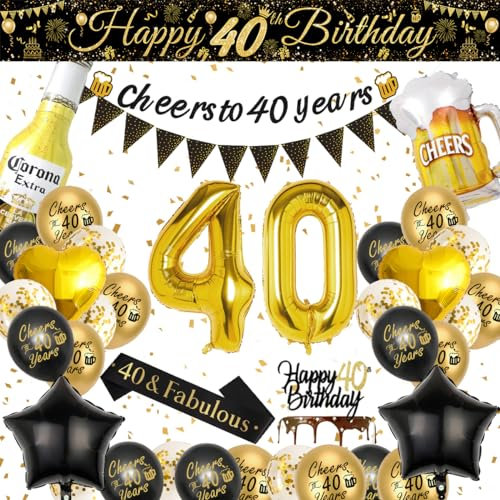 40th Birthday Decoration for Men, 40th Black Gold Balloons with Cheers to 40 Years Banner, Beer & Beer Mug Foil Balloons, Number 40 Foil Balloons for Birthday Party Decorations
