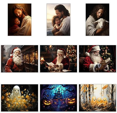SHYAMIC 9er Set Bilder Weihnachten Leinwandbild Kunstdruck, Winter, Jesus, Weihnachtsmann Wandbild X-Mas Fenster Kunstdruck Leuchtbild, Weihnachten Winteridylle Effekt - 40x60 cm Ungerahmt