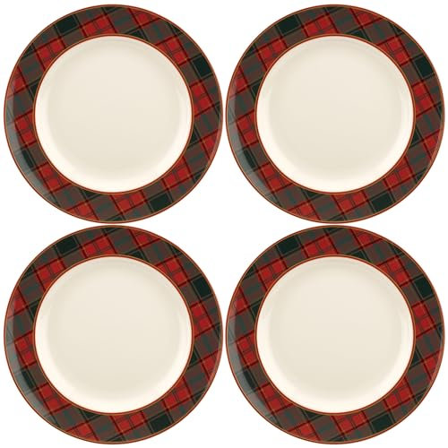 Spode Christmas Tree Tartan Dinner Plate (Set of 4) - 10.5 Festive Holiday Tableware, Colorful Christmas Dishes Tartan Plaid Border, Fine Earthenware, Microwave & Dishwasher Safe Decorative Plate