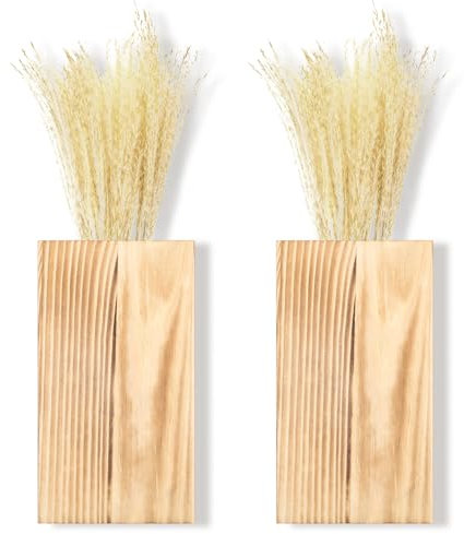 Vesici 2 Pack Wood Wall Planter Vase with Artificial Plants Indoor Plants Holder Pocket Farmhouse Wooden Vases Wall Flower Vase Hanging Plant Decor for Bedroom Kitchen Office Home (Brown,Reed)