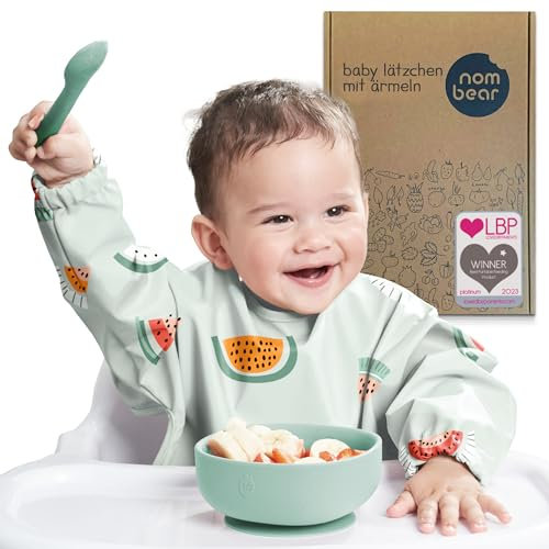 Nombear Wasserdichtes Ganzkörper Lätzchen für Baby mit Ärmeln für BLW, Beikost Baby Zubehör - Pflegeleichtes Lätzchen mit Ärmeln, Abwaschwares Ärmellätzchen, Babylatz mit Auffangschale