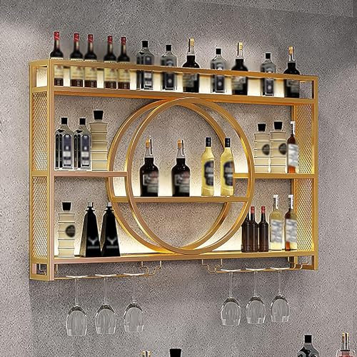 Porte Bouteille Muraux Métalique Étagère À Vin, Étagères Polyvalentes En Métal Casier À Vin En Fer pour Cave À Vin avec Porte-Verre Étagère Murale en Verre pour Cuisine(Size:120*15*80cm,Color:Or)