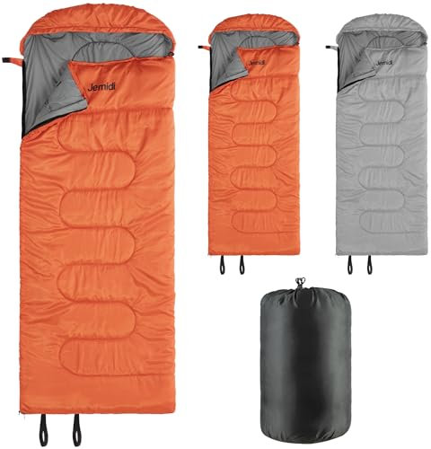 JEMIDI Schlafsack Winter Sommer Outdoor - Für bis zu -5℃ - Deckenschlafsack groß mit Reißverschlüssen - 220x80x10cm - Wasserdichter Winterschlafsack für Erwachsene - Orange