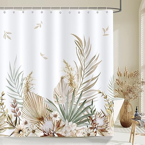 Bonhause Boho Tropische Blätter Blume Gelbes Duschvorhänge 180 x 200 cm Anti-Schimmel Wasserdicht Polyester Stoff Waschbar Bad Vorhäng für Badzimmer mit 12 Haken