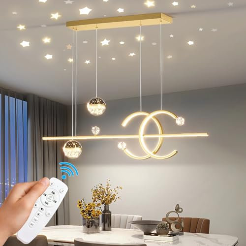 WHLL Esszimmer Lampe Hängend Moderne LED Esstisch Lampen Hängend Esszimmerlampe Dimmbar Pendelleuchte Sternenhimmel Hängelampe Esstisch Höhenverstellbar mit Fernbedienung 100CM Gold Stil 2