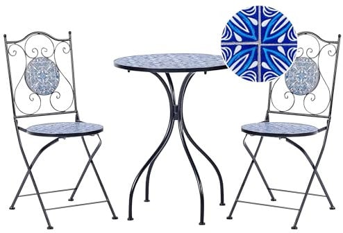 Beliani Balkon Set Metall schwarz/blau Mosaik Muster 2 Stühle 1 Tisch Cigliano