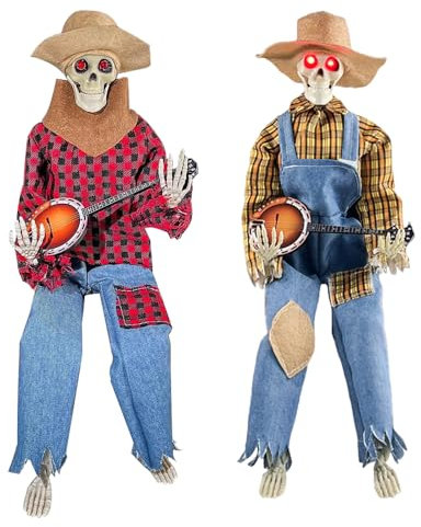 Afenau Halloween Animierte Banjo-Skelette, 2 stück Halloween Skelett mit Aktivierter Licht, Retro Halloween Deko Outdoor Skelett, Cowboy-Totenkopf-Statue für Halloween Bar Weihnachtsfeiertag Party