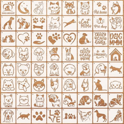 JSRQT 64 Stück Wiederverwendbare Schablonen Hund Katze Stencil Tiere Waschbar Zeichnung Malschablonen DIY Vintage Scrapbooks Kunsthandwerk Pfote Liebe Herz
