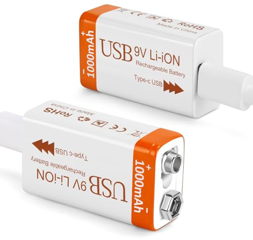 Fitinoch Rechargeable Lithium 9V Batteries 1000mAh with 2 in 1 USB Charging Cable, 9 Volt Li-ion 6f22 Battery for Smoke Detector,Guitar Pedals, 2 Pack