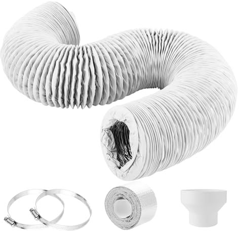 LDXDRU Abluftschlauch Ø100mm, Länge 6m Flexschlauch Weiß, Trockner Schlauch mit Abluftschlauch Adapter Reduzierstück 150 100 mit 2 Schlauchschelle, PVC Alu Flexrohr Lüftungsschlauch