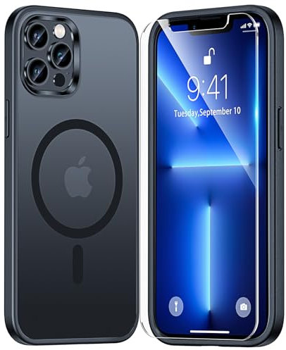 TAURI für iPhone 13 Pro Hülle 6,1 mit Panzer Schutz Glas Folie, Kompatibel mit MagSafe, Schutz nach Militärstandard, [Anti-Vergilbung] Stoßfest Magnetisch Handyhülle - Matt Schwarz