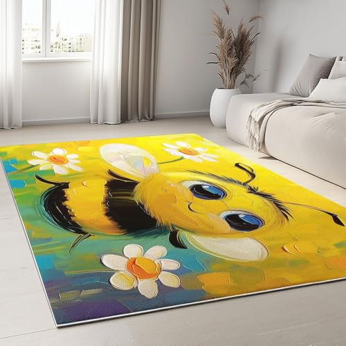 Area Teppich 160 x 230 cm Imitation Kaschmir Teppich modernes Wohnzimmer Schlafzimmer Korridor Teppich weicher Rutschfester Teppich Innenteppich waschbar Cartoon Ölgemälde Biene, Gelb