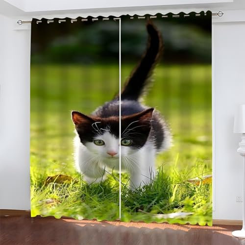 YZQGLHP Gardinen Katze Vorhänge H145 x B135 cm Gras Verdunklungsvorhänge 2er Set Schiebe Schallschutz Polyester Vorhang mit Ösen für Schlafzimmer Wohnzimmer
