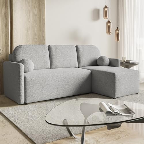 MOTIVENA Madera Ecksofa mit Schlaffunktion und Bettkasten, L Form, 3 Sitzer, Schlafsofa mit Bettkasten, L Couch, Cloud Couch, Boucle Sofa Hellgrau