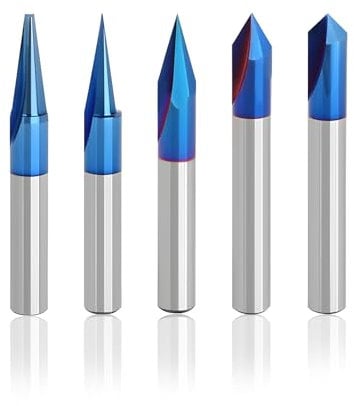 CNC Wood Carving Router Bits Set, 1/4 Shank Engraving Bits with Nano Blue Coat, Includes Conical V-Bit in 15°, 20°, 30°, 60°, 90° Angles for Precise Woodworking