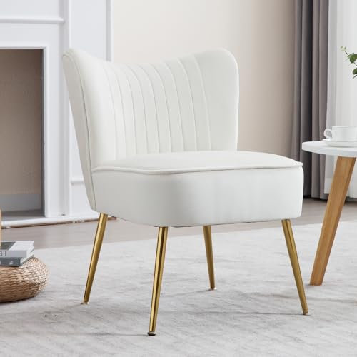 Ya-Home Fauteuil de Salon Confortable en Velours Fauteuils avec Pieds Dorés et Siège Épais Fauteuil de Coiffeuse Scandinave,Beige