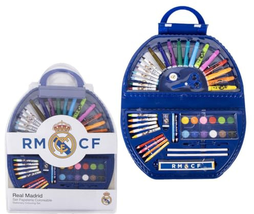CERDÁ LIFE'S LITTLE MOMENTS Set di cancelleria valigetta 50 pezzi Real Madrid - Matite colorate, pennarelli, acquerelli e accessori decorati con lo scudo