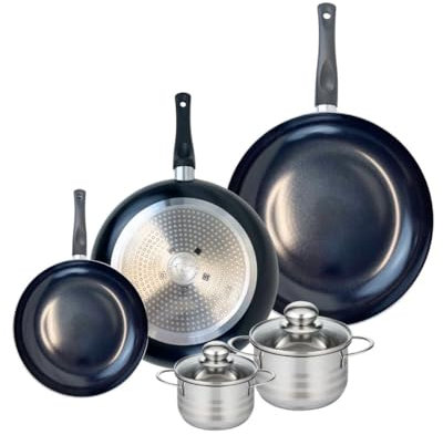 ELO 9747050 Batterie de cuisine 5 pièces, Ensemble de 3 Poêles de cuisson 20, 28 et 32 cm et 2 faitouts 12 et 14 cm Elo Prima Brillant, inox, induction, Noir