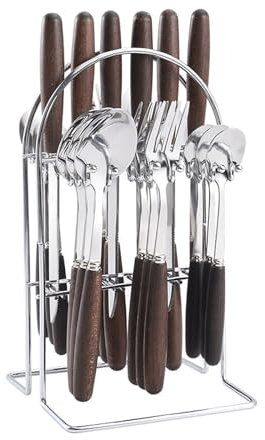 AVEKI Cutlery Set with Stand, 24 PCS Stainless Steel Hanging Silverware Flatware Sets Service for 6 Person, Kitchen Utensil Tableware Set Includ Fork Spoon Knife for Home Festival Party (Dark Wood)